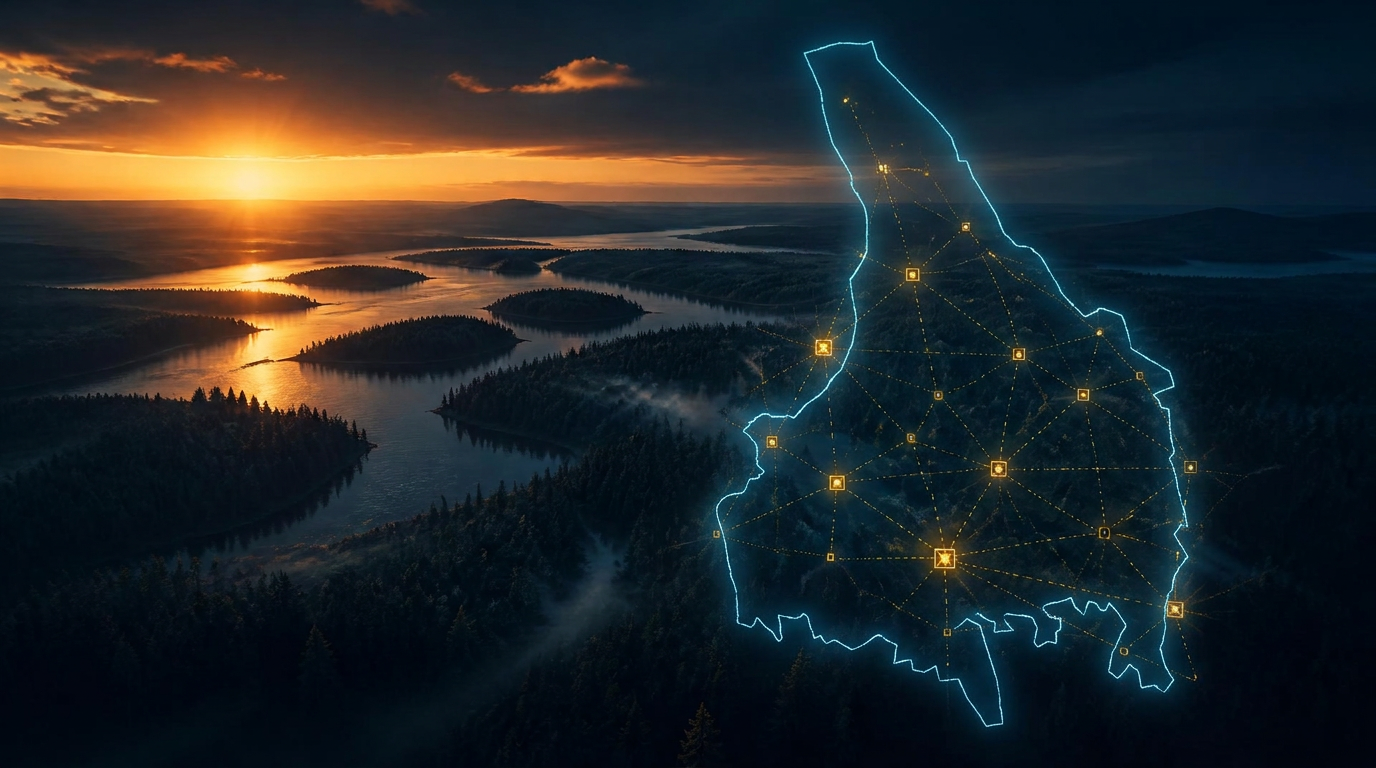Värmlands landskap i solnedgång med ett upplyst nätverk över regionen